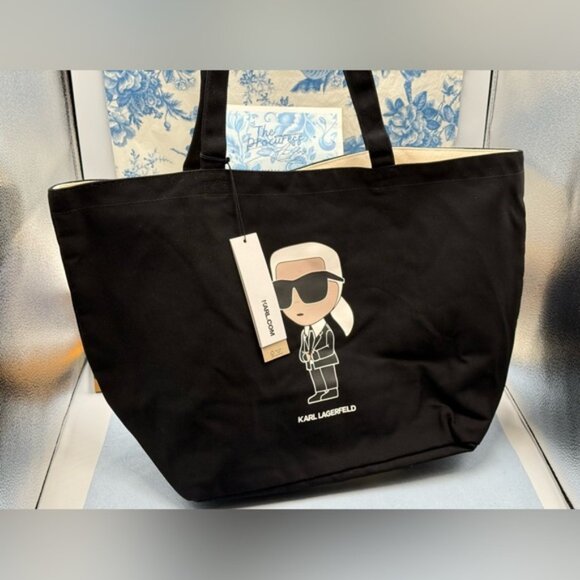 🆕 KARL LAGERFELD PARIS 🧿 NWT Black Ikonik 2.0 Tote Bag, Cartoon Karl Graphic - Picture 2 of 16
